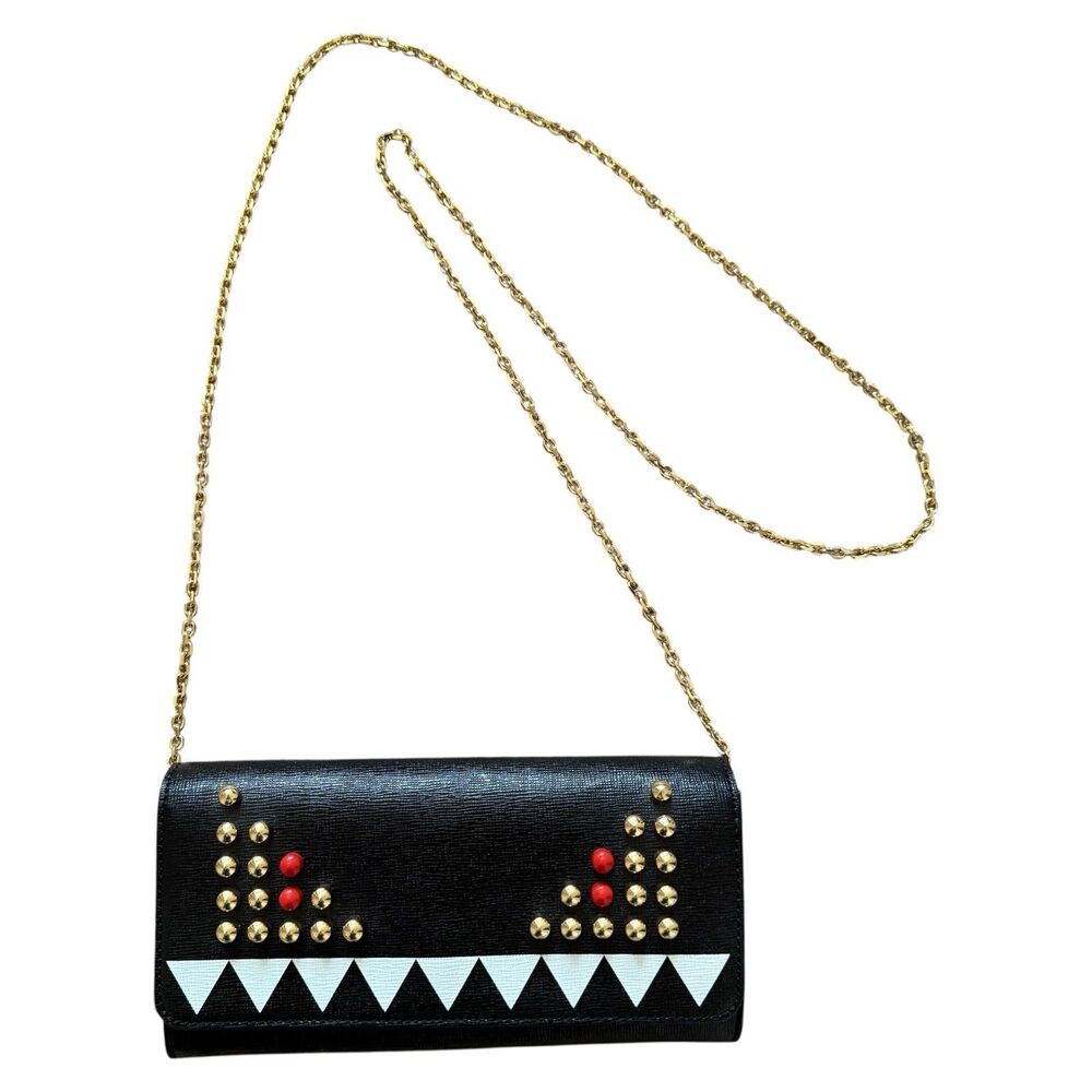 Authentic Fendi Monster Black Leather Wallet Crossbody Bag With Chain Removabl